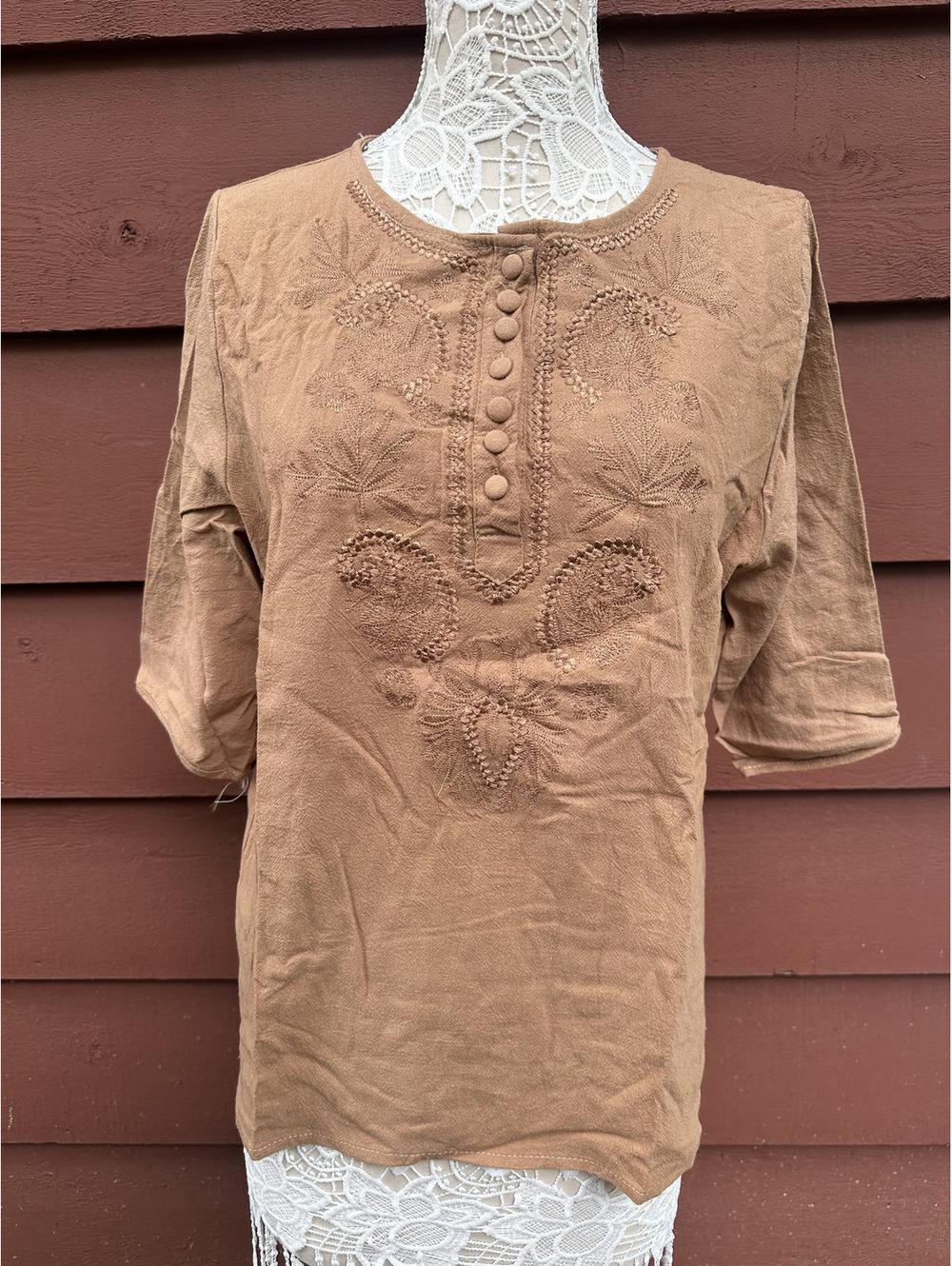 Tan Embroidered‎ Bohemian Henley Top 3/4 Sleeves
